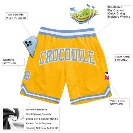 Custom Name and Number Personalized Basketball Shorts Light Blue and White Authentic Gold Throwback Design Personalized Gold