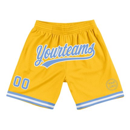 Personalized Gold Basketball Shorts with Light Blue and White Design - Authentic Throwback Style Personalized Gold Light
