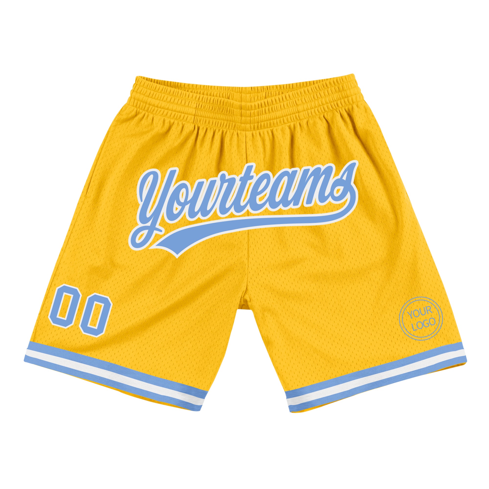 Personalized Gold Basketball Shorts with Light Blue and White Design - Authentic Throwback Style Personalized Gold Light