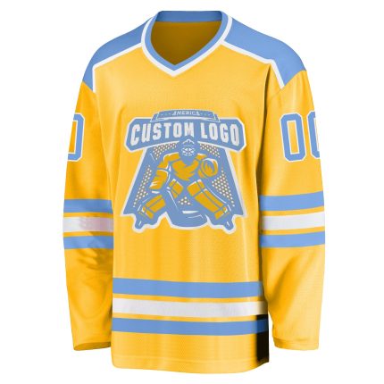 Personalized Light Blue White Gold Hockey Jersey for Adults and Kids Personalized Gold Light Blue-White Hockey Jersey