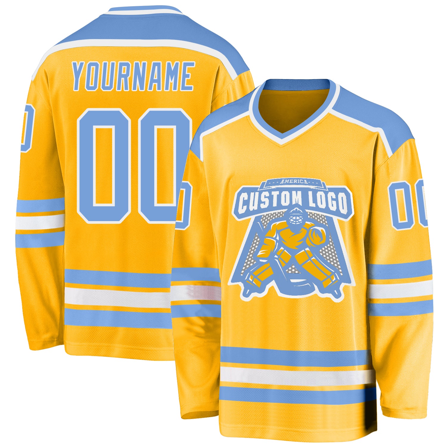 Personalized Light Blue White Gold Hockey Jersey for Adults and Kids Personalized Gold Light Blue-White Hockey Jersey