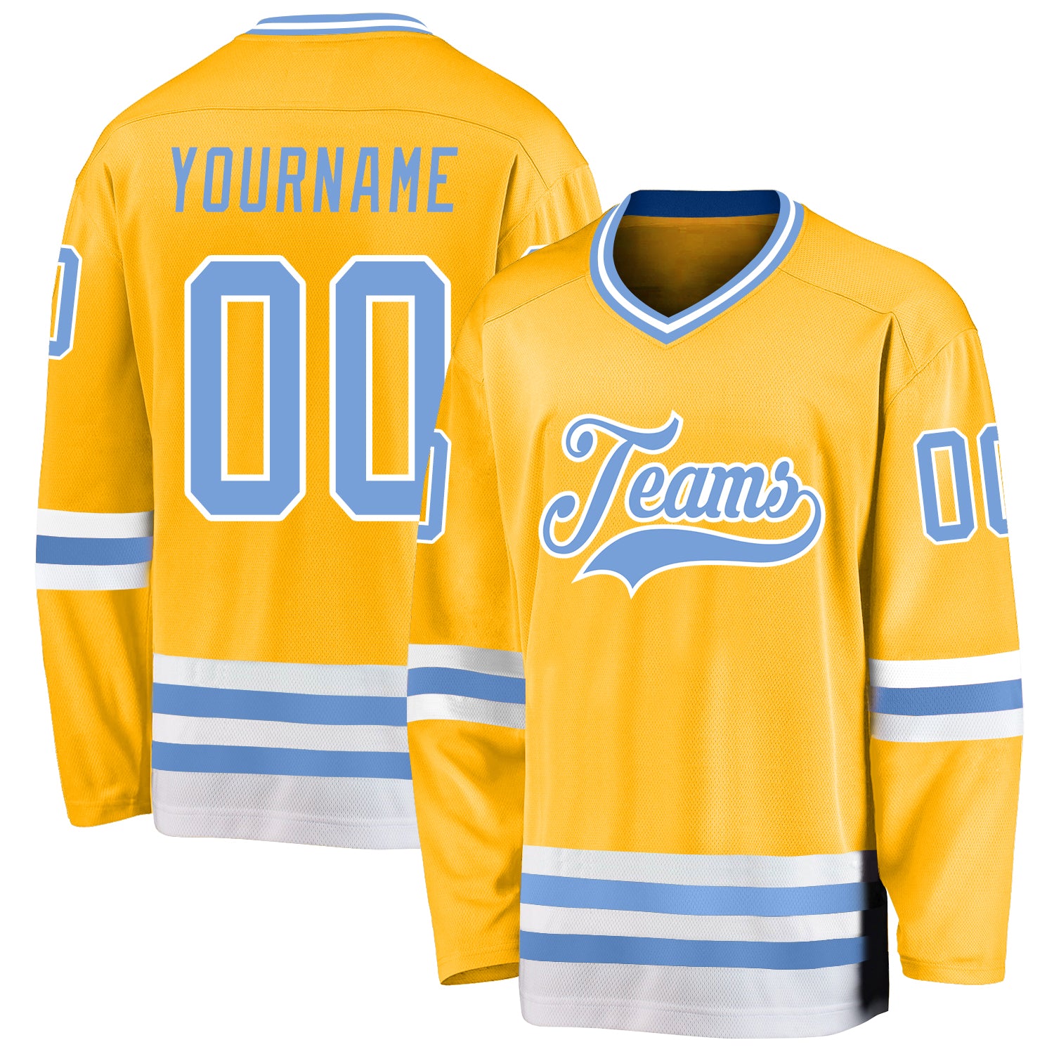 Custom Name & Number Personalized Gold Hockey Jersey - Light Blue & White Team Jersey Personalized Gold Light Blue-White