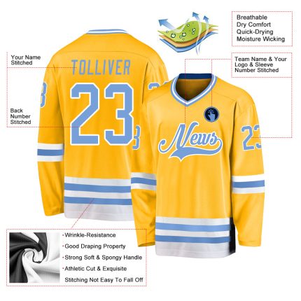 Custom Name & Number Personalized Gold Hockey Jersey - Light Blue & White Team Jersey Personalized Gold Light Blue-White