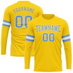 Custom Name and Number Long Sleeve Performance T-Shirt in Gold Light Blue-White, Personalized Team Apparel Personalized Gold