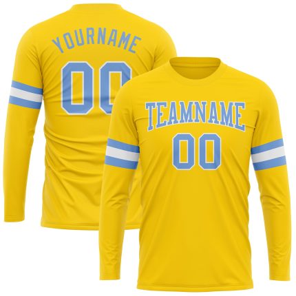 Custom Name and Number Long Sleeve Performance T-Shirt in Gold Light Blue-White, Personalized Team Apparel Personalized Gold