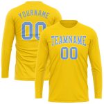 Custom Name and Number Long Sleeve Performance T-Shirt in Gold Light Blue-White, Personalized Team Apparel Personalized Gold