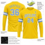 Custom Name and Number Long Sleeve Performance T-Shirt in Gold Light Blue-White, Personalized Team Apparel Personalized Gold