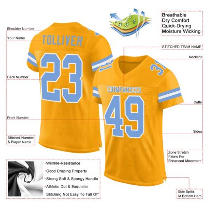 Custom Authentic Football Jersey with Personalized Name & Number in Gold Light Blue-White Mesh Personalized Gold Light Blue-White