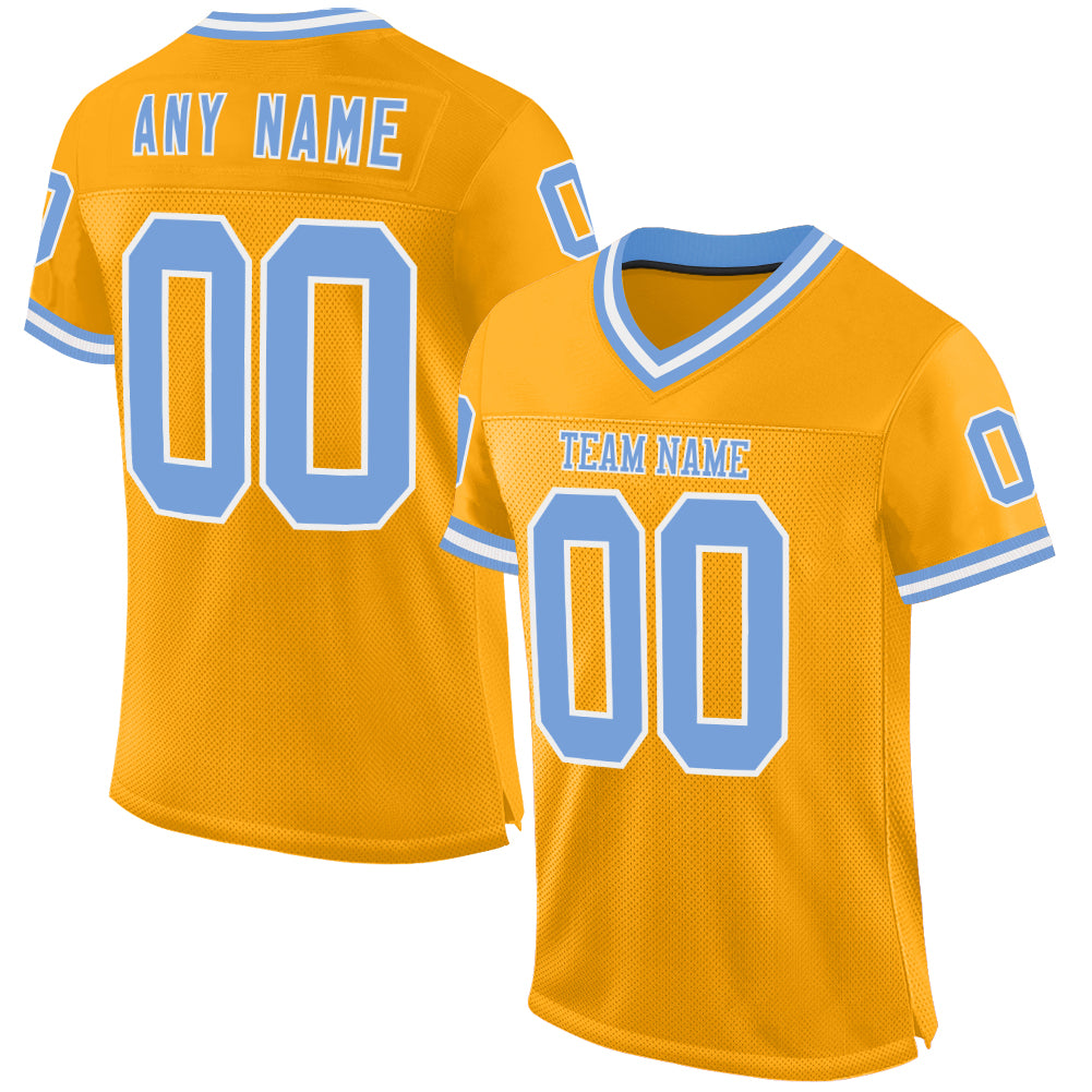 Custom Name and Number Personalized Gold Light Blue-White Mesh Football Jersey - Authentic Throwback Team Jersey Personalized
