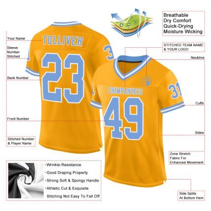 Custom Name and Number Personalized Gold Light Blue-White Mesh Football Jersey - Authentic Throwback Team Jersey Personalized