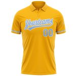 Personalized Golf Polo Shirt with Custom Name & Number in Gold Light Blue-White Performance Fabric Personalized Gold Light