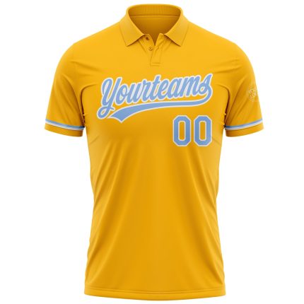 Personalized Golf Polo Shirt with Custom Name & Number in Gold Light Blue-White Performance Fabric Personalized Gold Light