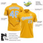 Personalized Golf Polo Shirt with Custom Name & Number in Gold Light Blue-White Performance Fabric Personalized Gold Light