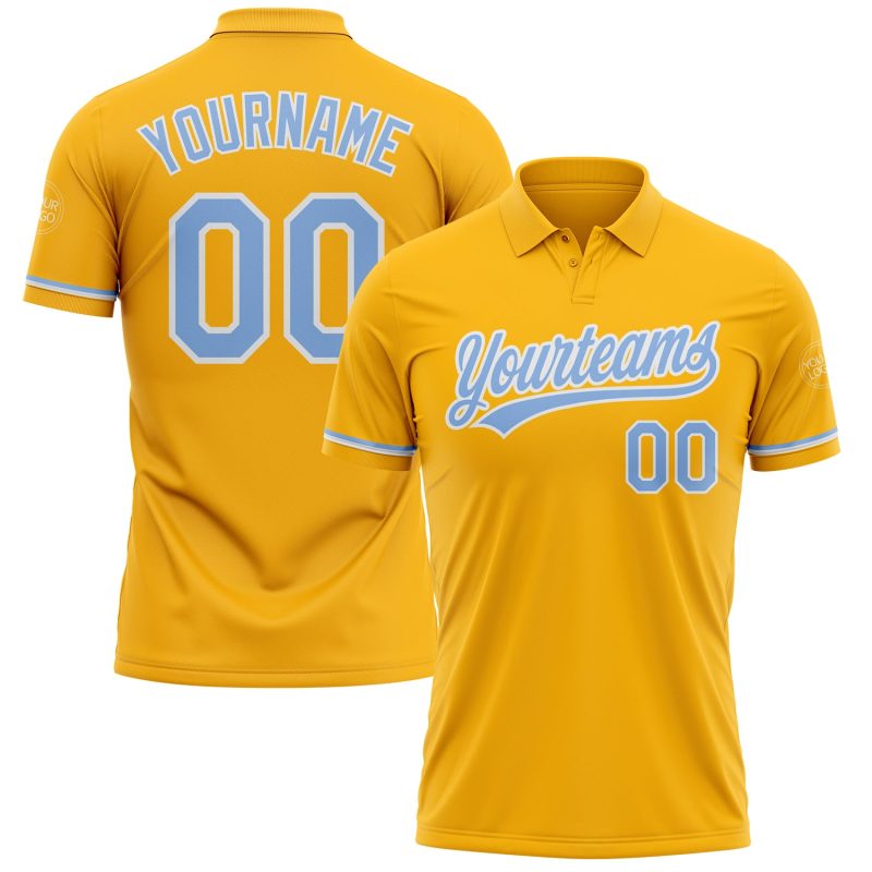 Personalized Golf Polo Shirt with Custom Name & Number in Gold Light Blue-White Performance Fabric Personalized Gold Light