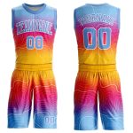 Custom Personalized Basketball Jersey Team Suit - Gold Light Blue-White Round Neck, Custom Name & Number Personalized Gold