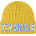 Custom Team Name Number Personalized Gold Cuffed Knit Hat Light Blue White Stitching Personalized Gold Light Blue-White Stitched