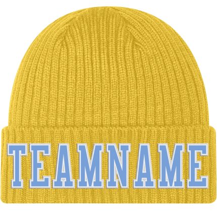 Custom Team Name Number Personalized Gold Cuffed Knit Hat Light Blue White Stitching Personalized Gold Light Blue-White Stitched