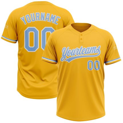 Personalized Gold Light Blue White Unisex Softball Jersey - Two-Button Softball Uniform Personalized Gold Light Blue-White