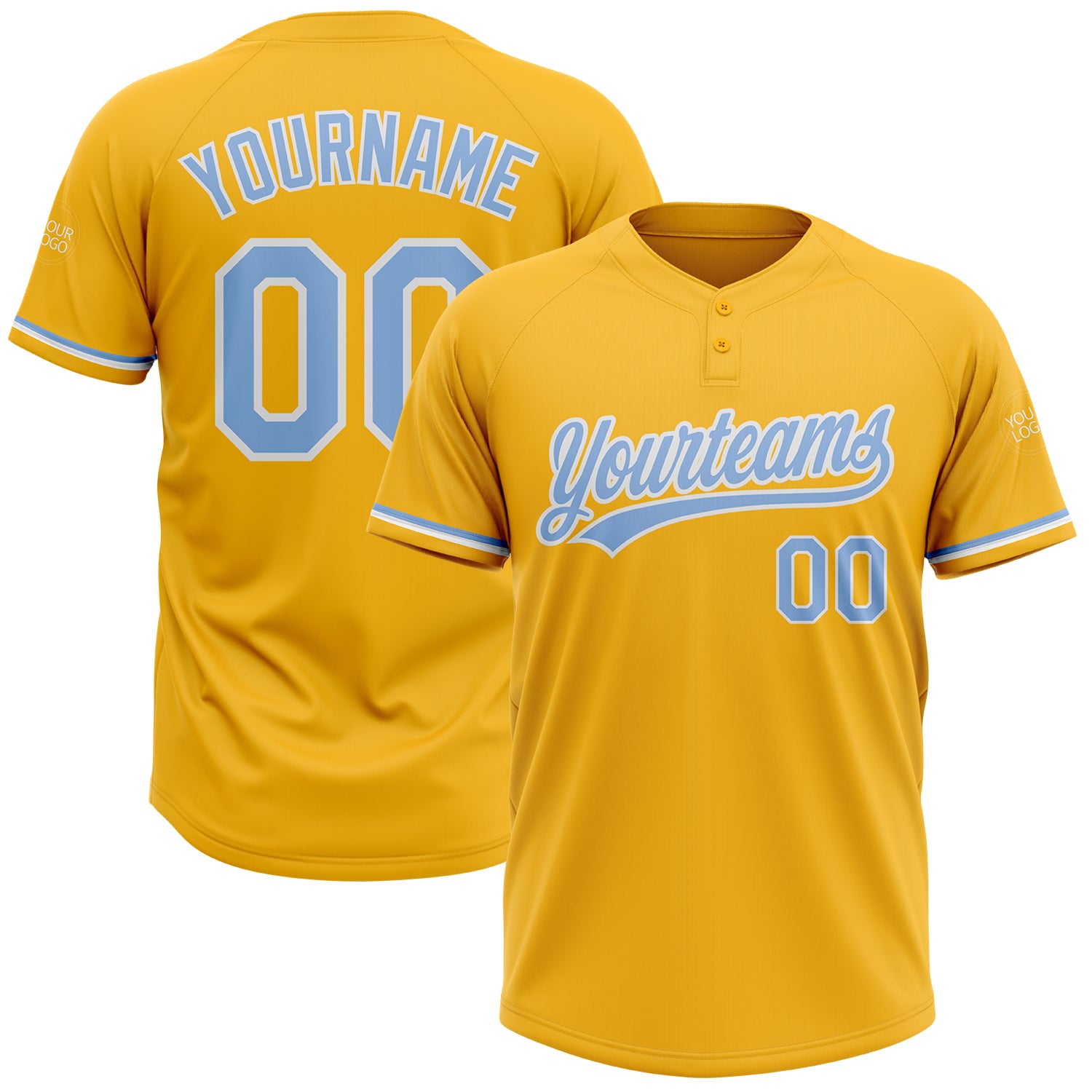 Personalized Gold Light Blue White Unisex Softball Jersey - Two-Button Softball Uniform Personalized Gold Light Blue-White