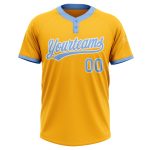 Custom Team Softball Jersey with Personalized Name and Number - Gold Light Blue-White Unisex Two-Button Design Personalized
