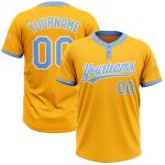 Custom Team Softball Jersey with Personalized Name and Number - Gold Light Blue-White Unisex Two-Button Design Personalized