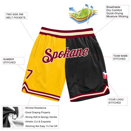 Custom Team Basketball Shorts with Personalized Name and Number - Gold Maroon-Black Authentic Throwback Fashion Personalized