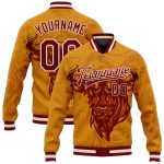 Custom Name & Number 3D Pattern Bomber Jacket - Personalized Gold Maroon-Cream Angry Bull Varsity Letterman Full-Snap Design