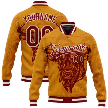 Custom Name & Number 3D Pattern Bomber Jacket - Personalized Gold Maroon-Cream Angry Bull Varsity Letterman Full-Snap Design