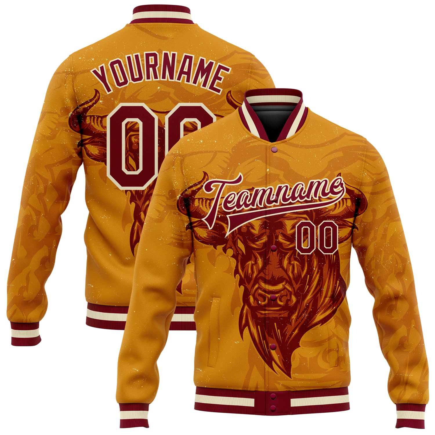 Custom Name & Number 3D Pattern Bomber Jacket - Personalized Gold Maroon-Cream Angry Bull Varsity Letterman Full-Snap Design