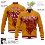 Custom Name & Number 3D Pattern Bomber Jacket - Personalized Gold Maroon-Cream Angry Bull Varsity Letterman Full-Snap Design