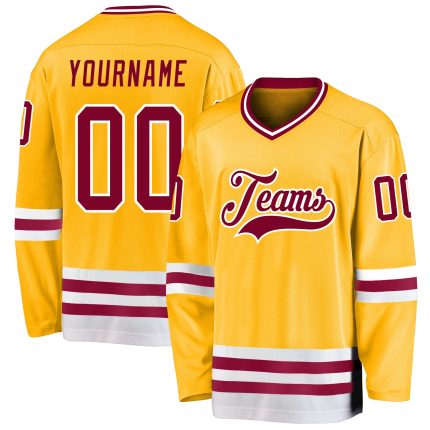 Custom Name Number Personalized Gold Maroon White Hockey Jersey - Team Sports Apparel Personalized Gold Maroon-White Hockey