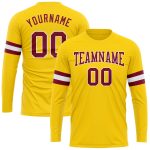 Custom Team Name Number Long Sleeve Performance T-Shirt - Personalized Gold Maroon-White Design Personalized Gold Maroon-White