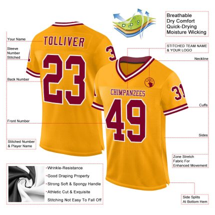 Custom Personalized Gold Maroon White Mesh Football Jersey with Name and Number - Authentic Throwback Style Personalized
