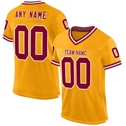 Custom Personalized Gold Maroon White Mesh Football Jersey with Name and Number - Authentic Throwback Style Personalized