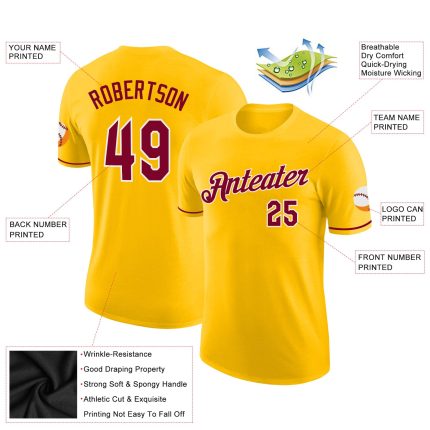 Custom Team Name Number Performance T-Shirt - Personalized Gold Maroon-White Design Personalized Gold Maroon-White Performance