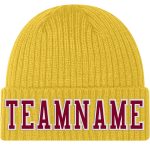 Custom Name Number Personalized Gold Maroon White Cuffed Knit Hat - Team Beanie Personalized Gold Maroon-White Stitched Cuffed