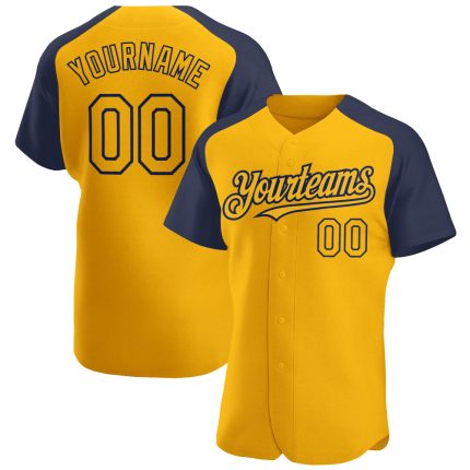 Custom Personalized Gold Navy Baseball Jersey with Authentic Raglan Sleeves, Custom Name and Number Personalized Gold Navy