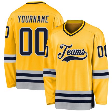 Custom Name Number Personalized Navy-Gray Gold Hockey Jersey Team Apparel Personalized Gold Navy-Gray Hockey Jersey Team