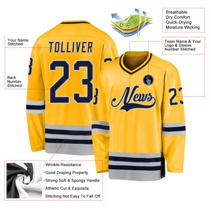 Custom Name Number Personalized Navy-Gray Gold Hockey Jersey Team Apparel Personalized Gold Navy-Gray Hockey Jersey Team