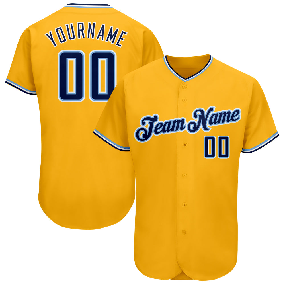 Personalized Gold Navy-Light Blue Baseball Jersey for Authentic Style Personalized Gold Navy-Light Blue Authentic Baseball