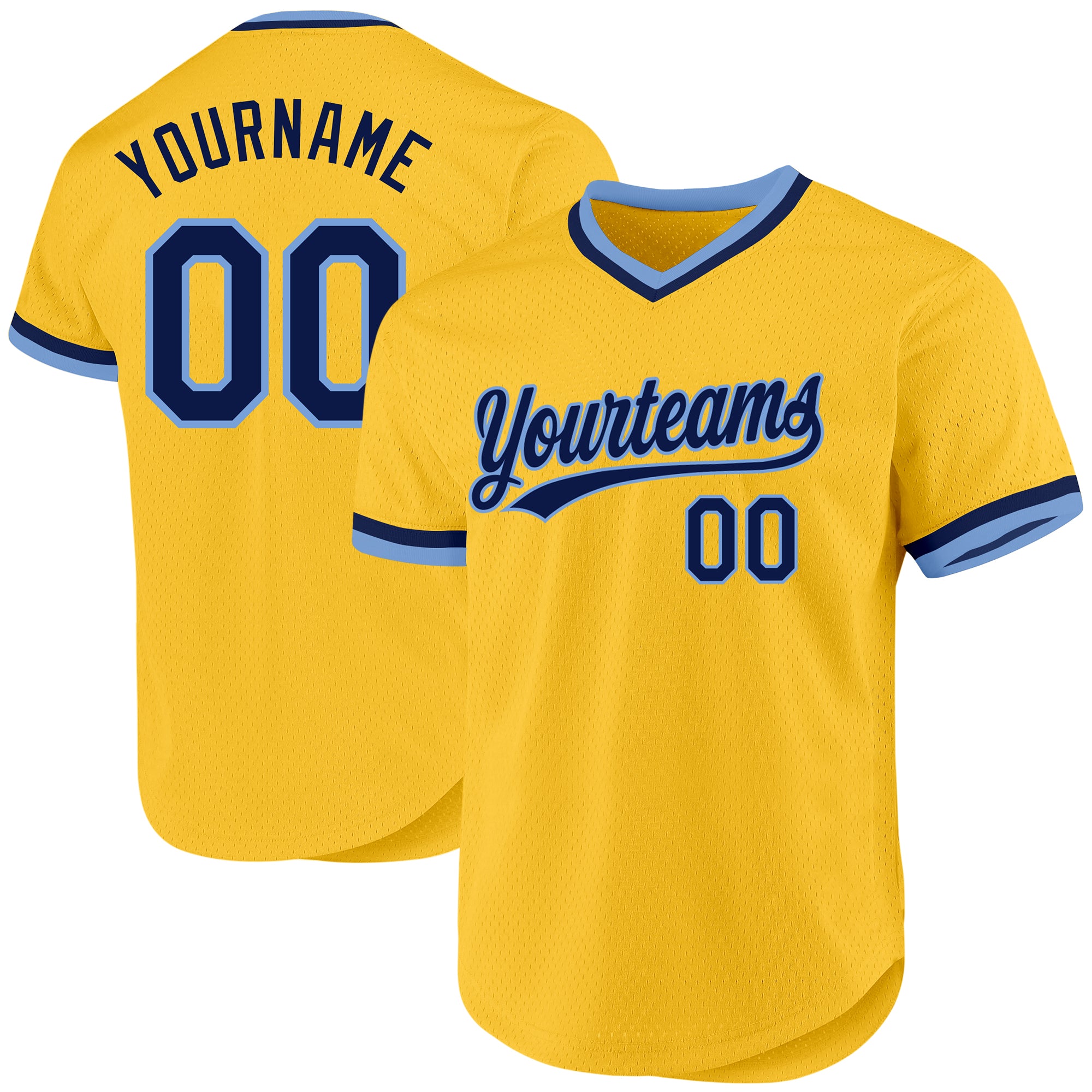 Custom Name Number Authentic Throwback Baseball Jersey - Personalized Gold Navy-Light Blue Team Design Personalized Gold