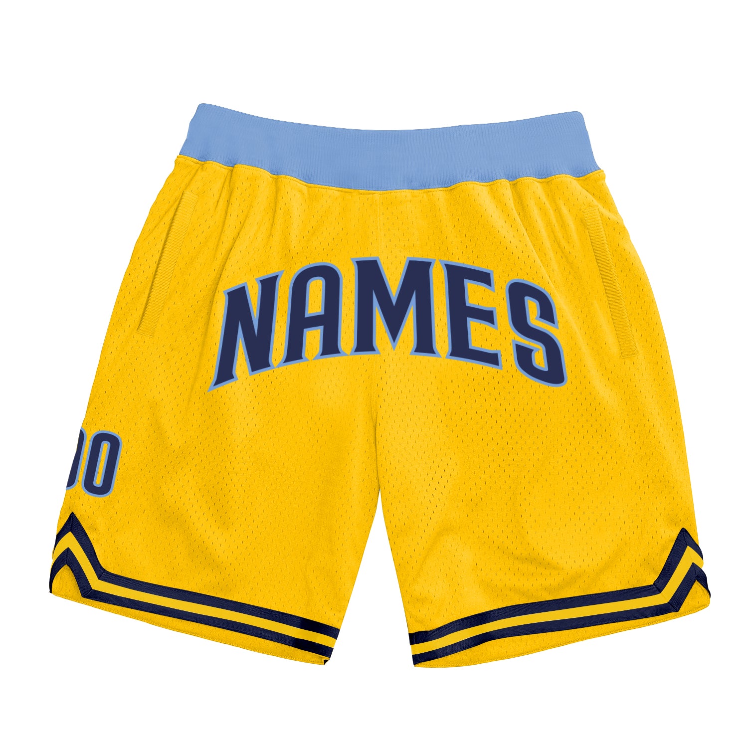 Custom Name and Number Personalized Gold Navy Light Blue Basketball Shorts - Authentic Throwback Team Design Personalized