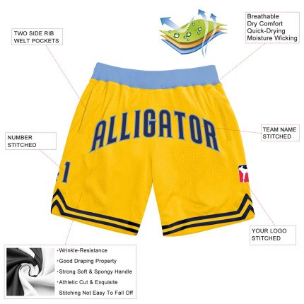 Custom Name and Number Personalized Gold Navy Light Blue Basketball Shorts - Authentic Throwback Team Design Personalized