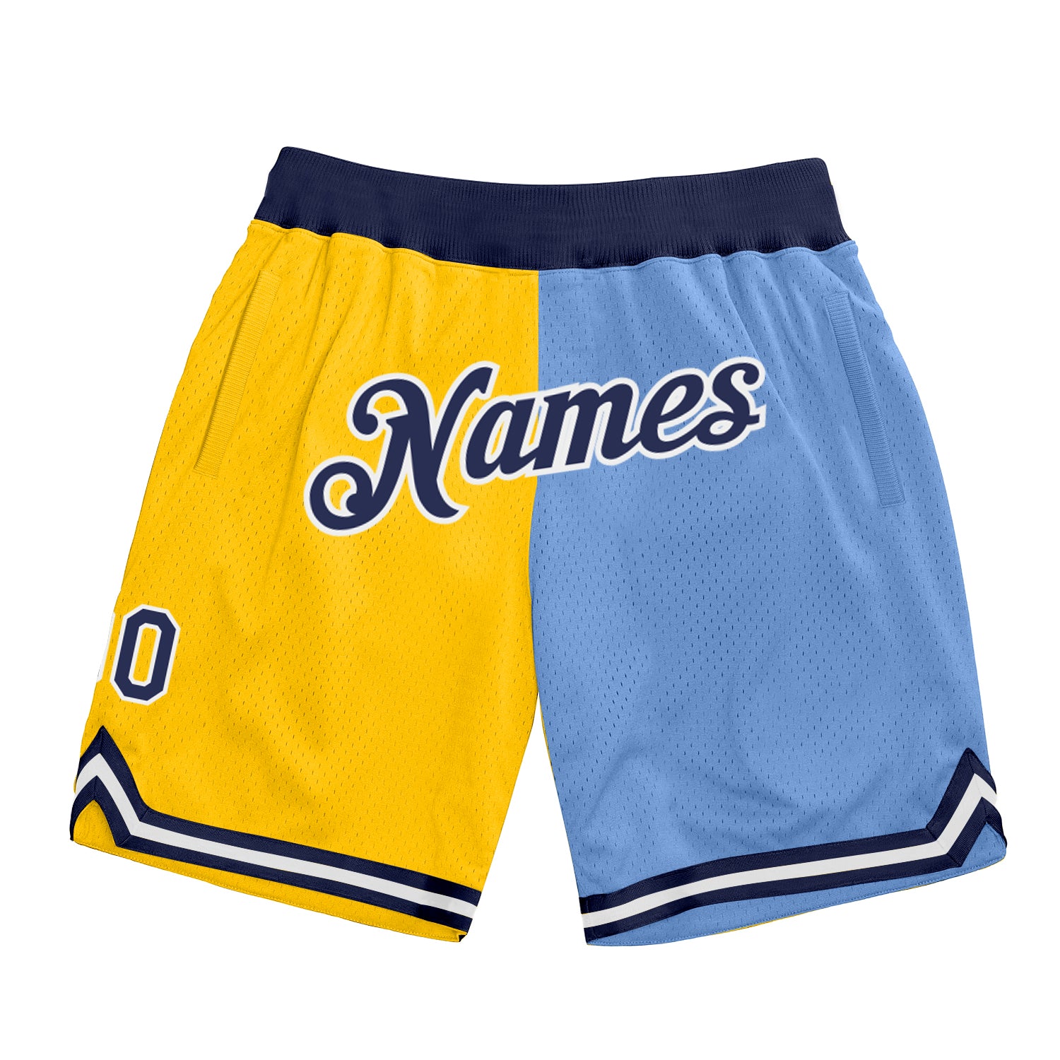 Custom Name & Number Personalized Authentic Basketball Shorts - Gold Navy-Light Blue Split Fashion Design Personalized Gold