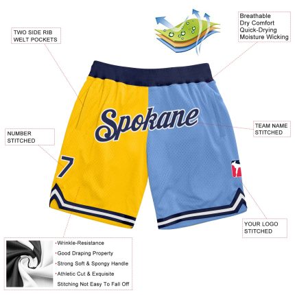 Custom Name & Number Personalized Authentic Basketball Shorts - Gold Navy-Light Blue Split Fashion Design Personalized Gold