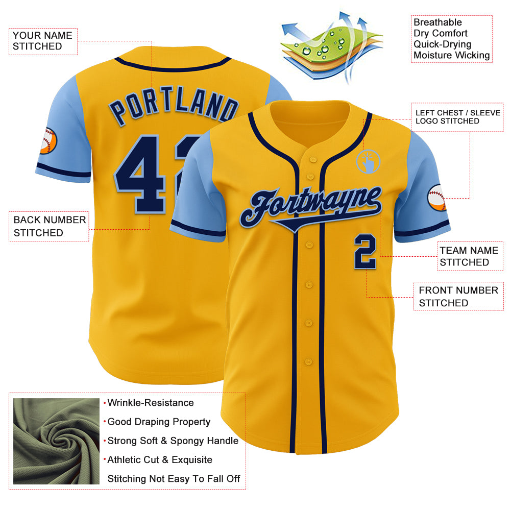 Personalized Gold Navy-Light Blue Authentic Two Tone Baseball Jersey Team Custom Name and Number Personalized Gold Navy-Light Blue Two Tone Baseball Jersey with Custom Name and Number Personalized Gold Navy-Light Blue - Image 3