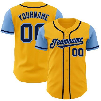 Personalized Gold Navy-Light Blue Two Tone Baseball Jersey with Custom Name and Number Personalized Gold Navy-Light Blue