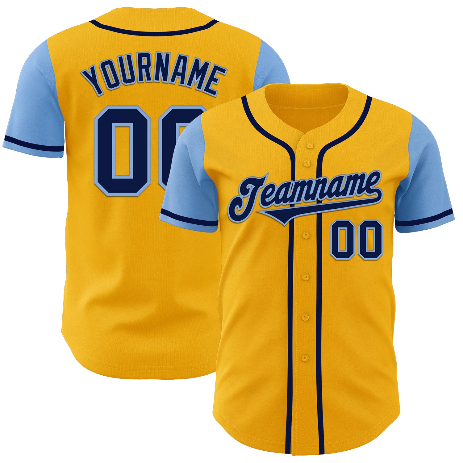 Personalized Gold Navy-Light Blue Two Tone Baseball Jersey with Custom Name and Number Personalized Gold Navy-Light Blue
