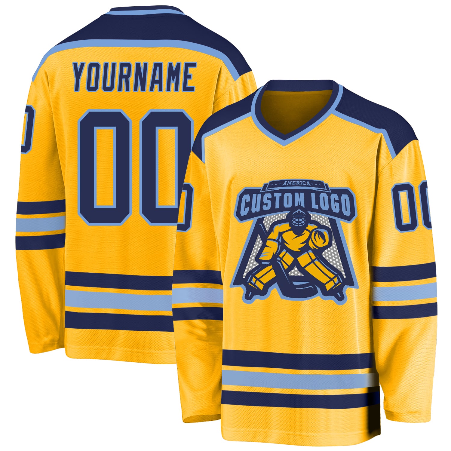 Personalized Gold and Navy-Light Blue Hockey Jersey - Customizable Team Apparel Personalized Gold Navy-Light Blue Hockey