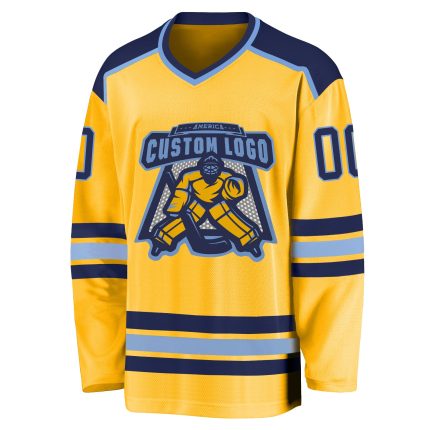 Personalized Gold and Navy-Light Blue Hockey Jersey - Customizable Team Apparel Personalized Gold Navy-Light Blue Hockey
